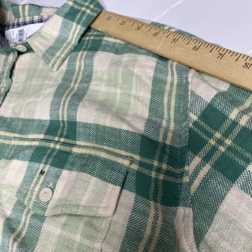 American Eagle Women Size M Button‎ Up Shirt Flannel Cropped Green Cream Plaid - Picture 12 of 16
